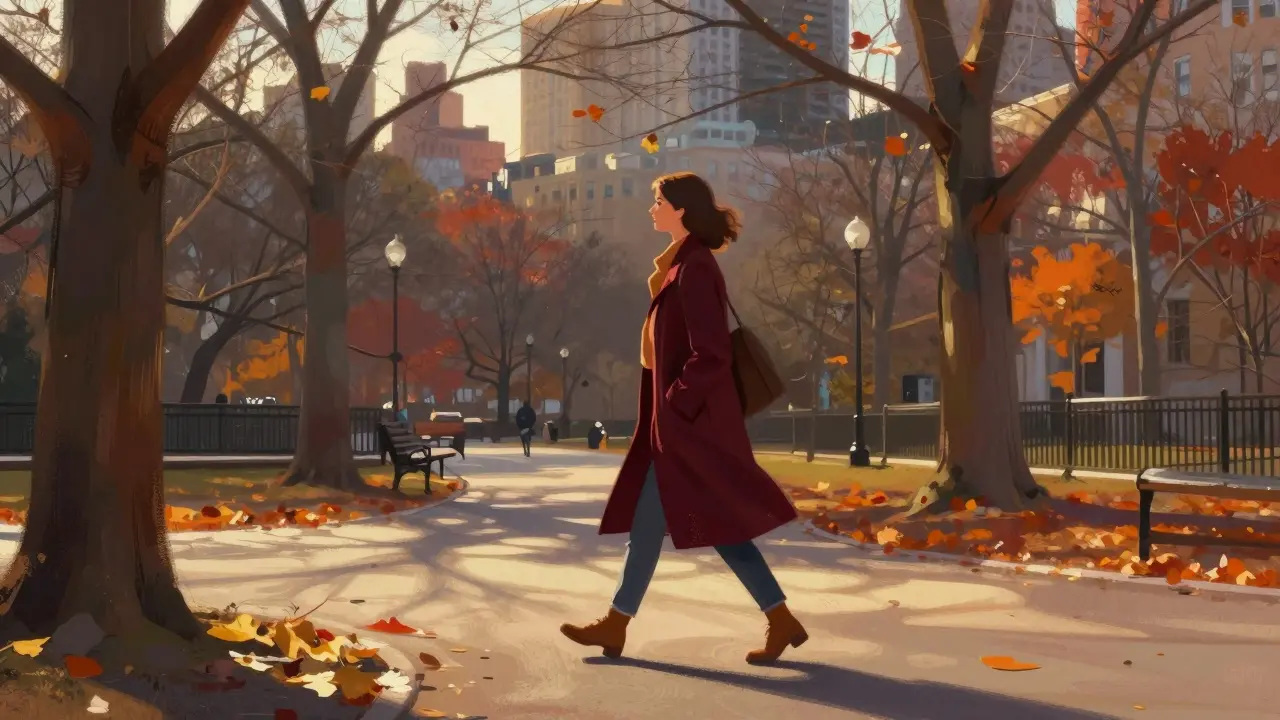 Woman walking through autumn city park on casual date