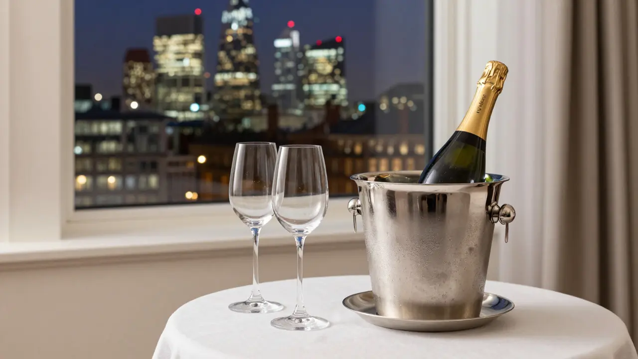Champagne on ice in a luxury London hotel suite with city lights in the background.