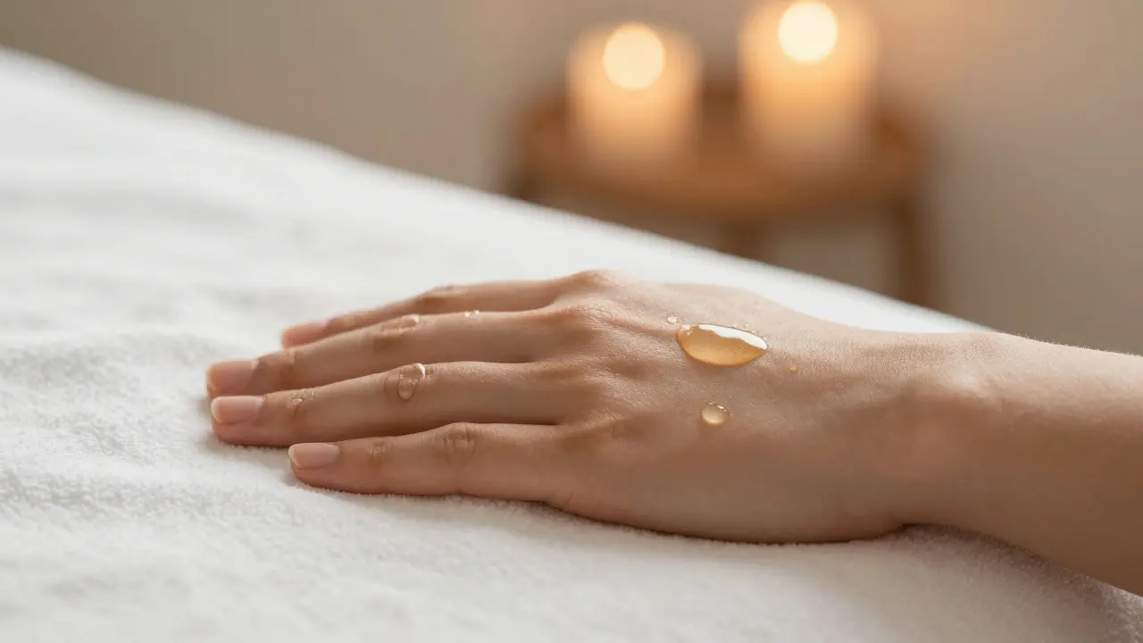 Close-up of oil on skin resting on white fabric, symbolizing sensory awakening and relaxation.