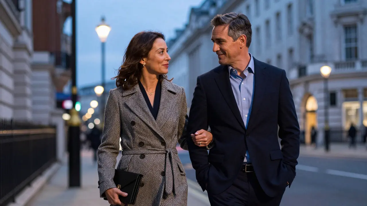 Confident couple walking on London street at twilight