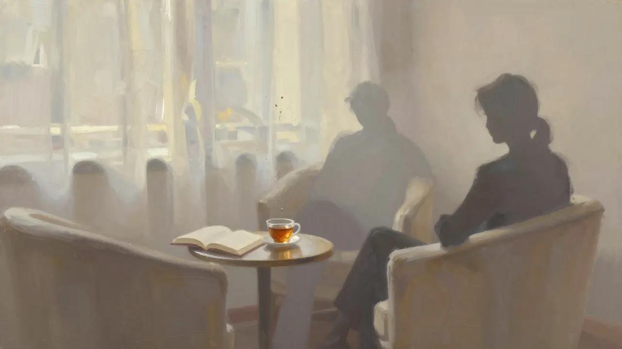 Cozy lounge scene with people relaxing in soft light