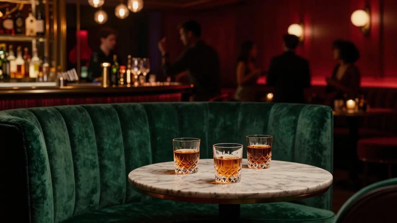 Intimate velvet booth with drinks in a moody, stylish Soho cocktail bar.