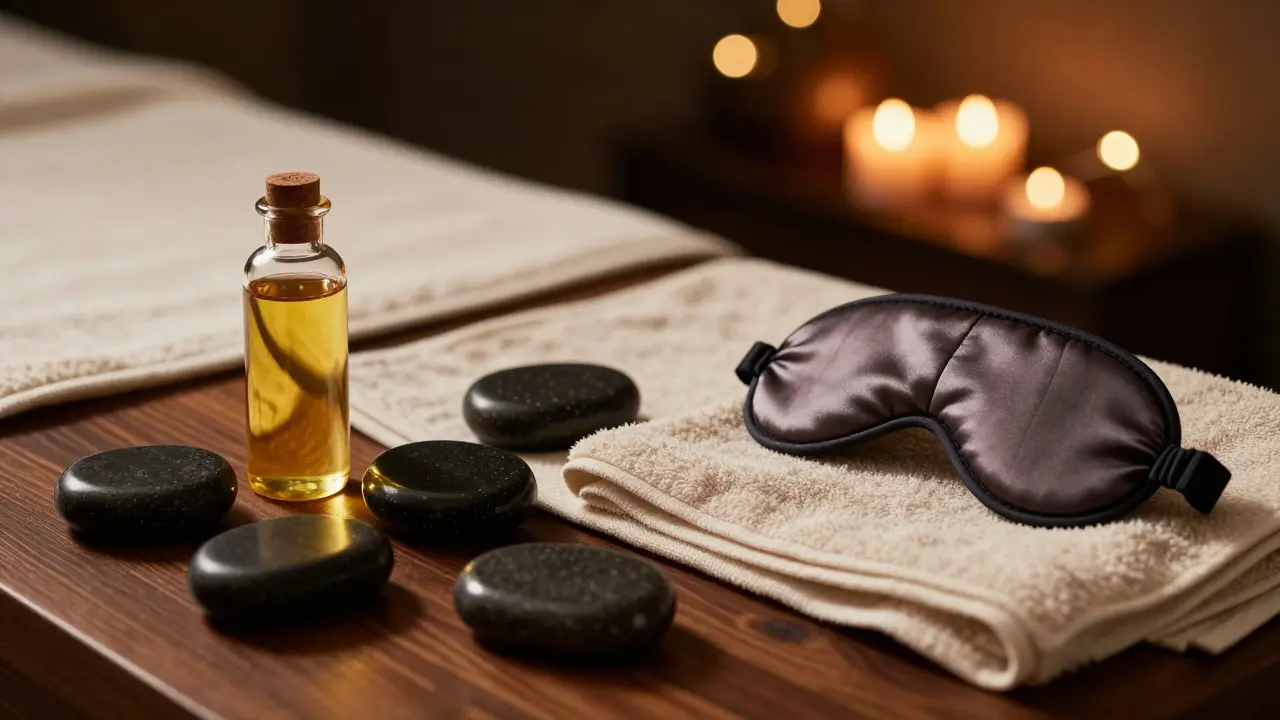 Massage oils, warm stones, and a silk blindfold on a linen towel in a dim, cozy room.