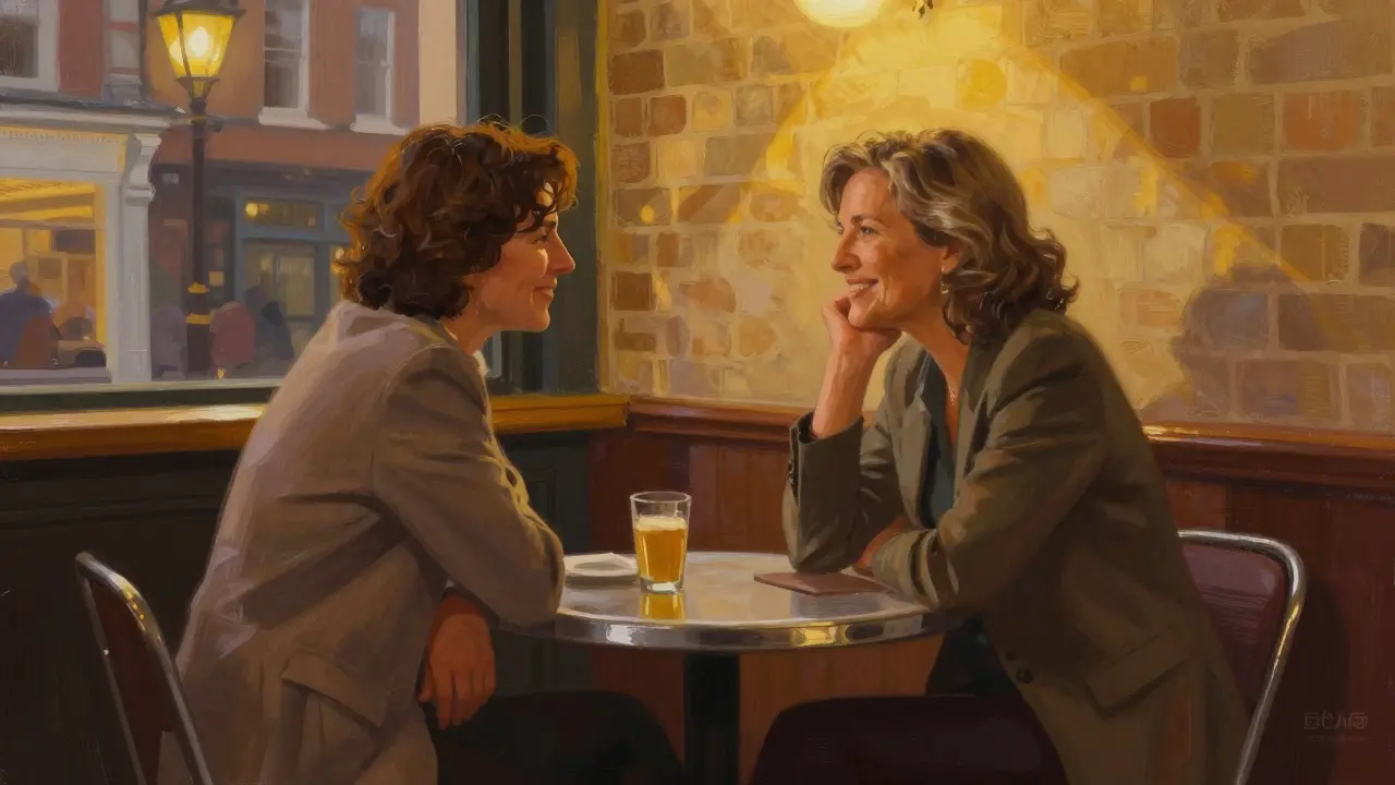 Warm illustration of two people laughing and talking at a cozy London cafe table.